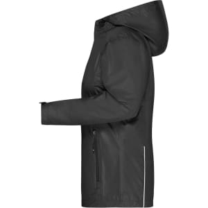 A ladies' 3-in-1 jacket in black, featuring a hood and zippered pockets, with a sleek, modern design.
