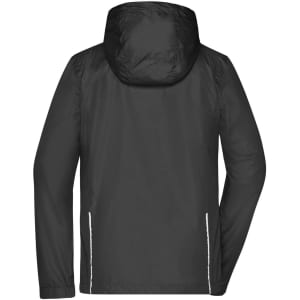 A black women's 3-in-1 jacket with a hood and reflective details, featuring a minimalist design and a logo.