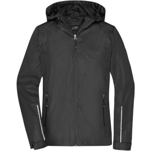 A black 3-in-1 jacket featuring a hood, zip front, and side pockets, with reflective detailing and a logo.