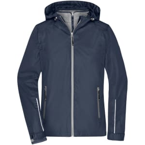 A navy 3-in-1 jacket featuring a hood, zippered front, and side pockets, with reflective detailing and a logo.