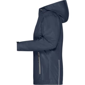 A navy 3-in-1 jacket for ladies, featuring a hood and zippered pockets. It includes a logo on the fabric.
