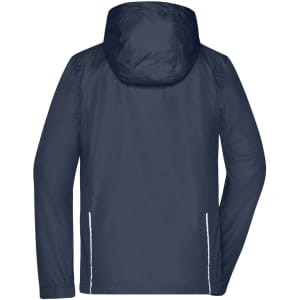 A dark navy ladies' jacket with a hood, featuring zippered pockets and reflective accents. It has a logo on the design.