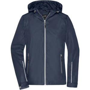 A navy ladies' 3-in-1 jacket with a hood, zippered front, and reflective details, featuring a logo.