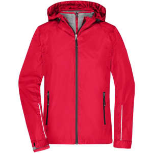 A red ladies' 3-in-1 jacket featuring a hood, zippered front, and pockets. The jacket has a branding logo.