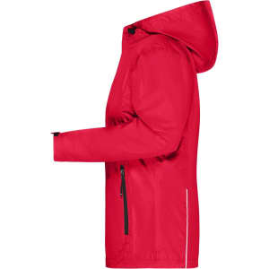 A red ladies 3-in-1 jacket with a hood, featuring zippered pockets and a sleek design.