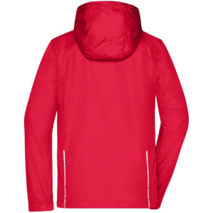 A red 3-in-1 jacket with a hood, featuring a smooth design and side pockets. It has a logo on the back.