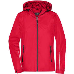 A red ladies 3-in-1 jacket featuring a hood and zippered pockets, with a logo on the chest.
