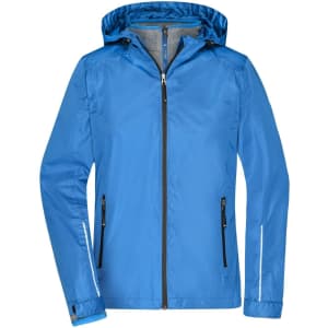 A blue ladies' 3-in-1 jacket featuring a hood and zippered pockets. The jacket includes a logo.