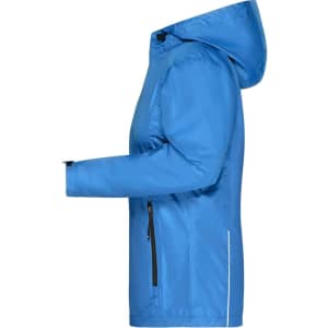 A blue ladies' 3-in-1 jacket featuring a hood and zippered pockets, presented in a side view.