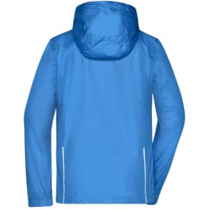 A blue ladies' 3-in-1 jacket featuring a hood and side zippers, with a branding logo on the back.