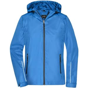 A blue 3-in-1 ladies' jacket with a hood, featuring zippered pockets and a branded logo.