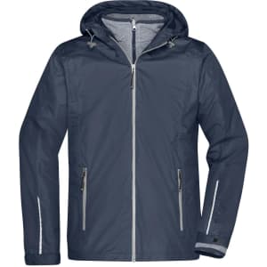 A navy men's 3-in-1 jacket featuring a hood, zippered front, and reflective details. Comes with a logo.