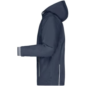 A navy men's 3-in-1 jacket featuring a hood and adjustable cuffs, with a sleek design and a subtle logo.