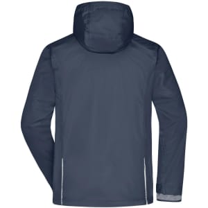 A navy blue men's 3-in-1 jacket with a hood and reflective accents, featuring a logo.