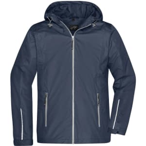 A men's three-in-one jacket in navy blue with a hood, featuring two zippered pockets and reflective accents.