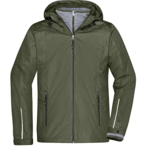 A men's 3-in-1 jacket in olive green featuring a hood and zippered pockets, with a logo on the chest.
