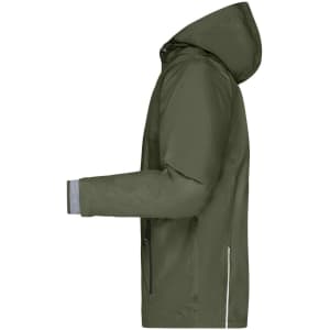 A men's 3-in-1 jacket in olive green, featuring a hood and side zippers. It has a logo on the sleeve.