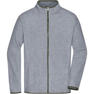 A grey men's 3-in-1 jacket with a high collar and zip closure, featuring green trim and a logo.