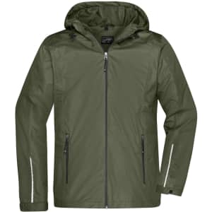 A men's 3-in-1 jacket in olive green with a hood and multiple zippered pockets, featuring a logo.