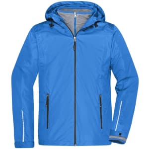 A blue men's 3-in-1 jacket featuring a hood, zippered front, and side pockets. It has a branded logo.