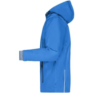 A blue men's 3-in-1 jacket with a hood, featuring long sleeves and zippered pockets. It has a branded logo.