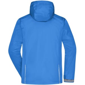 A blue men's 3-in-1 jacket with a hood and reflective detailing on the sides, featuring a logo.