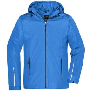 A blue men's 3-in-1 jacket featuring a hood, zippered front, and reflective detailing. It has a logo present.