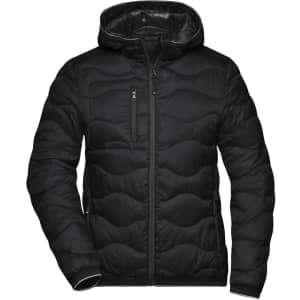 A black padded jacket with a hood and quilted pattern, featuring a front zip and one chest pocket.