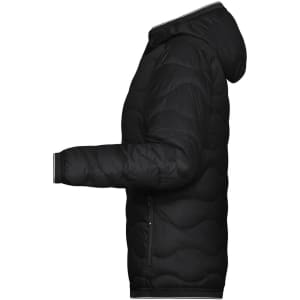 A black padded jacket with a hood, side view, featuring a quilted design and a logo.