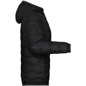 A black padded jacket with a hood, featuring a quilted design and a side view showing the sleeve and body.
