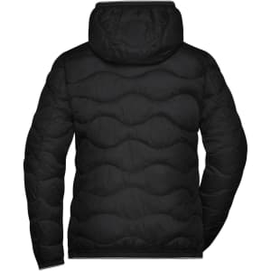 A black ladies padded puffer jacket with a hood, featuring a quilted design on the back.
