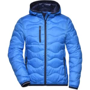 A blue padded jacket with a zip front, hood, and contrasting navy lining and details. Features zippered pockets and a logo.