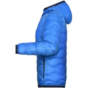 A blue padded jacket with a hood, featuring a side view and a branded logo.