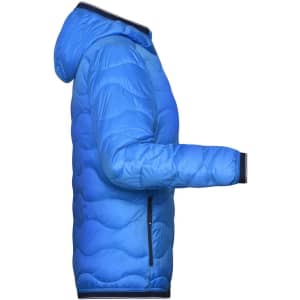 A blue padded jacket with a hood is displayed from the side, featuring a sleek design and a contrasting zipper.