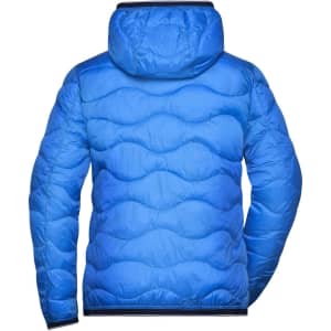 A blue padded jacket with a hood, featuring a textured wave pattern on the back, and includes a logo.