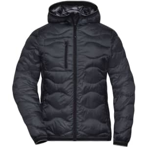 A ladies padded black puffer jacket with a hood, featuring quilted detailing and a logo.
