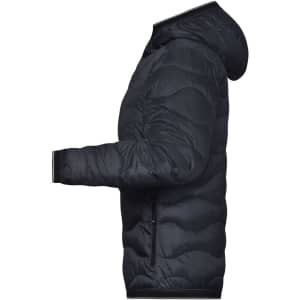 A black padded jacket with a hood, featuring a quilted design and side pockets. It has a logo on the sleeve.