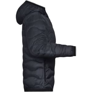 A padded ladies' jacket in dark navy, featuring a hood and a puffer design. It has a logo on the sleeve.