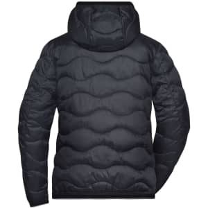 A padded jacket in black with a hood, featuring a quilted design and a branded logo on the back.