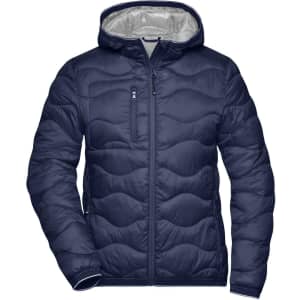 A navy padded jacket with a hood and a silver lining, featuring a front zip and a logo.