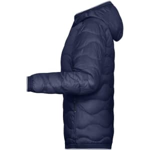 A navy ladies padded jacket with a hood, featuring a quilted design and a side view showcasing its shape.