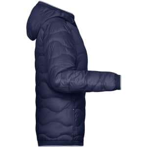 A navy ladies padded jacket with a hood, featuring a quilted design and a side view. It includes a logo.