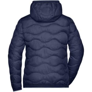 A navy ladies padded jacket featuring a puffer design and a hood, viewed from the back. It has a logo on it.