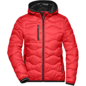 A red padded jacket with a hood, featuring zippered pockets and a quilted design. It includes a logo on the chest.