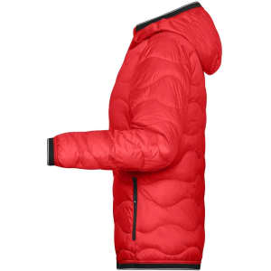 A red padded jacket with a hood, featuring a quilted design and a logo on the sleeve.