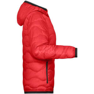 A red ladies padded jacket with a hood, featuring a quilted design and black trim along the edges.