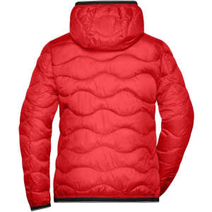 A red padded jacket with a hood, featuring a quilted design and a contrasting black trim.