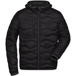 A black padded jacket with a hood, featuring a zip front and a chest pocket. Includes a logo on the fabric.