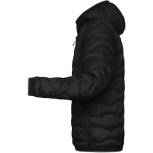 A black padded jacket with a hood, featuring a puffer design and long sleeves. The jacket has a branding logo.