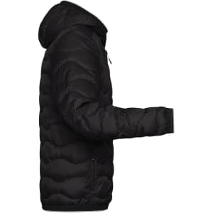 A black puffer jacket with a hood, featuring a side view that highlights its padded design and a logo.